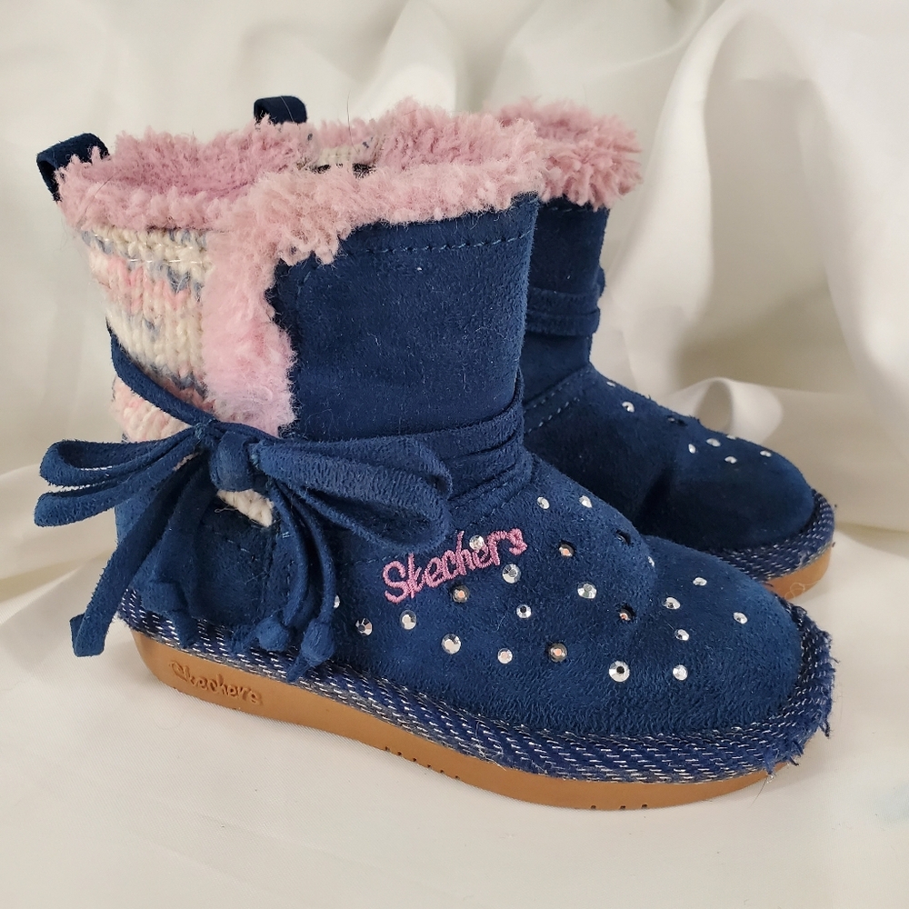 Skechers TwinkleToes Faux Suede Boots, Navy & Pink